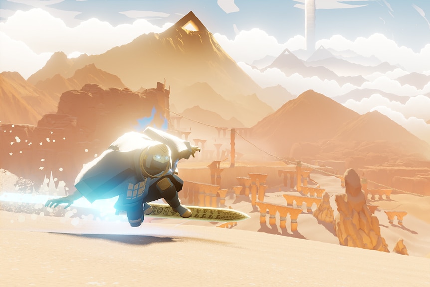 A cloaked figure surfs on a small sword in a desert environment, a video game screenshot