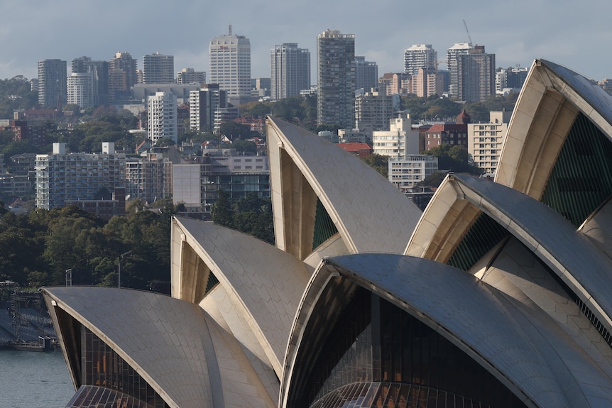 Sydney skyline through Opera House