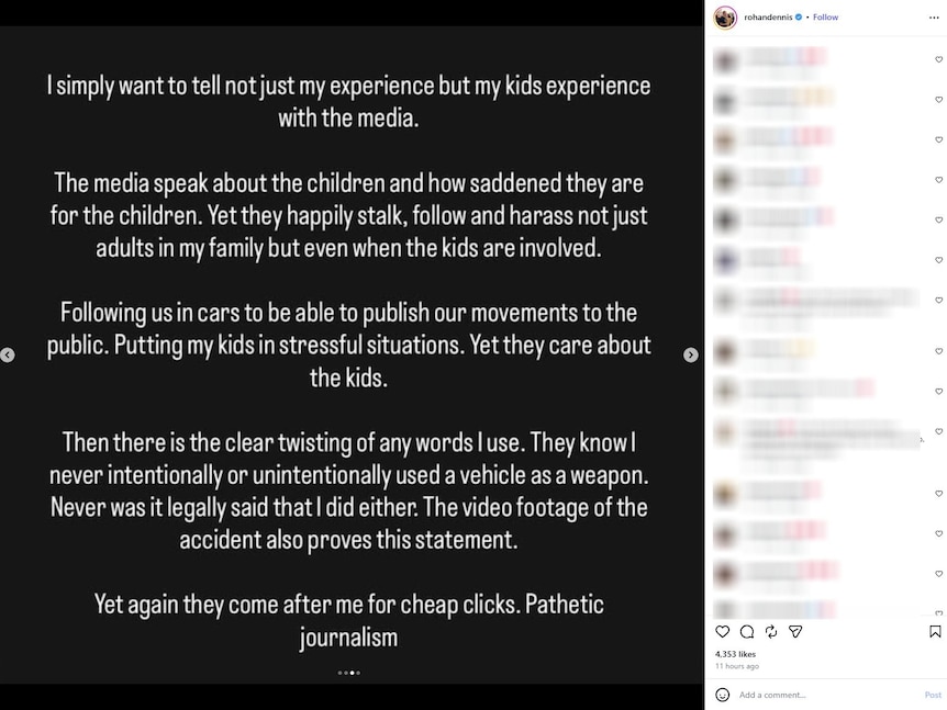 A screenshot of an Instagram posted by former professional cyclist Rohan Dennis.