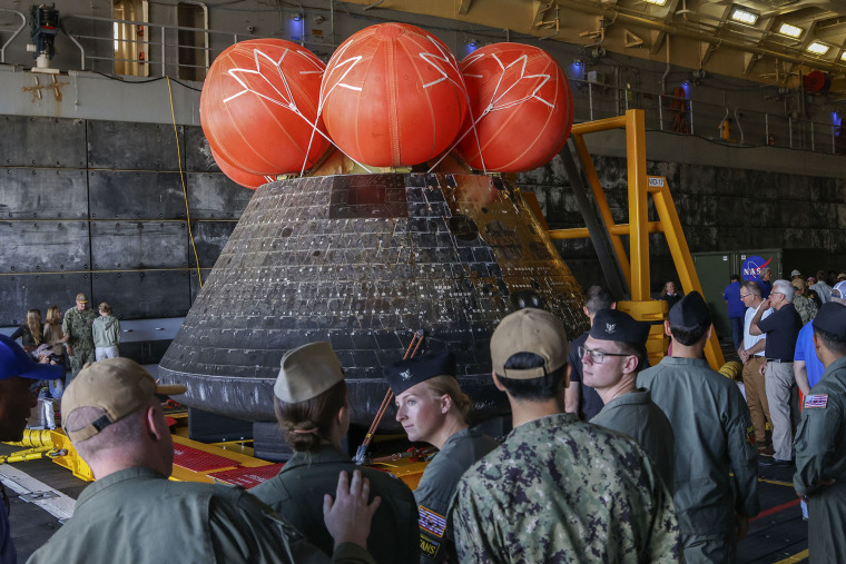 The Artemis II Orion Capsule aboard the USS Murtha at Naval Base San Diego on April 11, 2026.