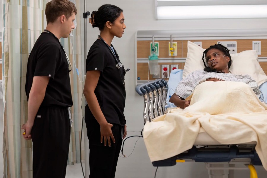 Gerran Howell as Whitaker, Supriya Ganesh as Dr. Sapira Mohan, Ashley M Romans as Joyce St. Claire in "The Pitt."