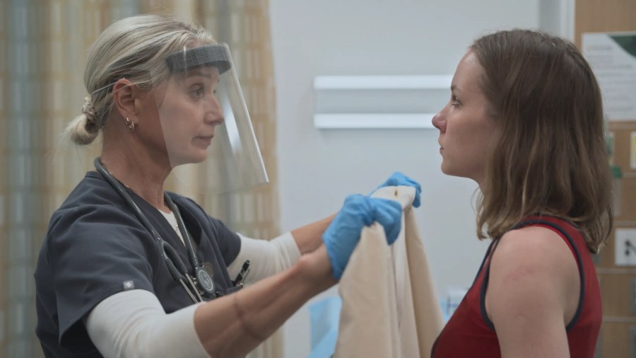 Katherine LaNasa as Dana and Tina Ivlev as Ilana Miller in "The Pitt."