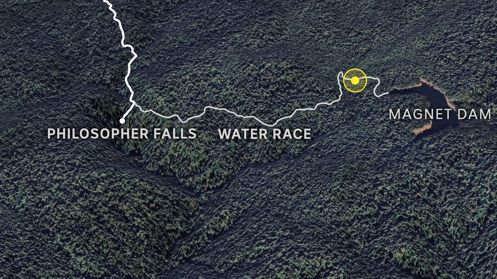 A satellite image map of a forest with thin white lines tracing a path. Labelled Philosopher Falls, Water Race, Magnet Dam