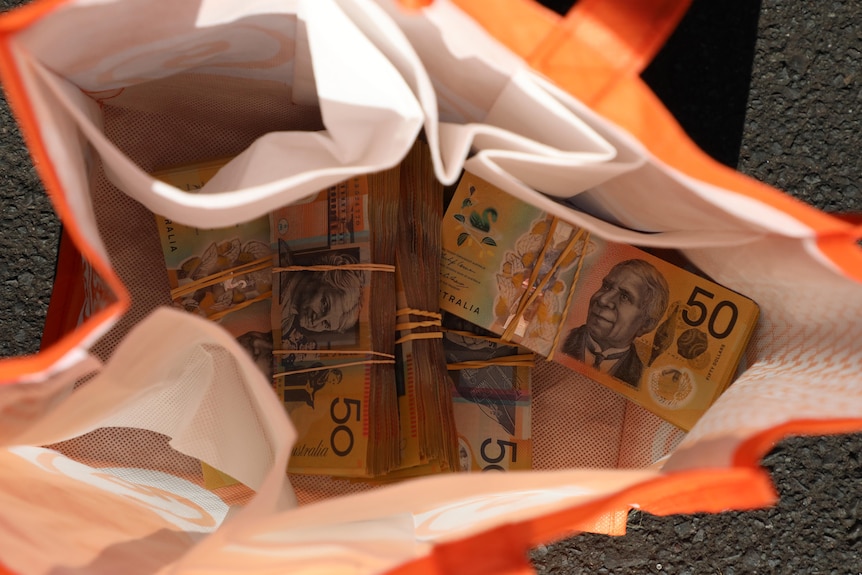 Australian $50 notes, bundled with rubber bands, inside a shopping bag.