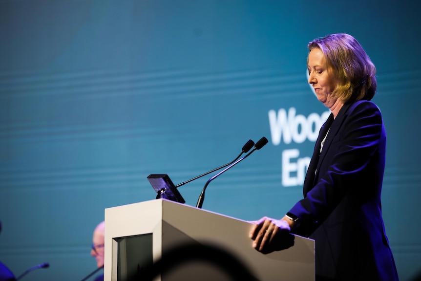 A wide side-on shot of Woodside CEO Meg O'Neill speaking at a lectern looking down