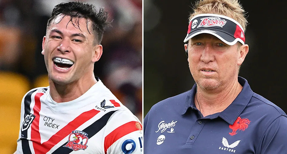 Pictured left to right, Roosters great Joey Manu and coach Trent Robinson.