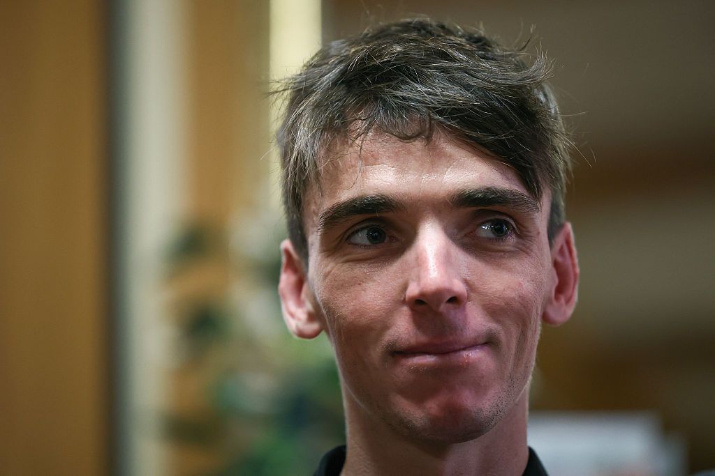 Team DSM-Firmenich PostNL team's French rider Romain Bardet looks on during a press conference in Moulins, central France, on June 7, 2025, on the eve of the 77th edition of the Criterium du Dauphine cycling race. (Photo by Anne-Christine POUJOULAT / AFP) (Photo by ANNE-CHRISTINE POUJOULAT/AFP via Getty Images)