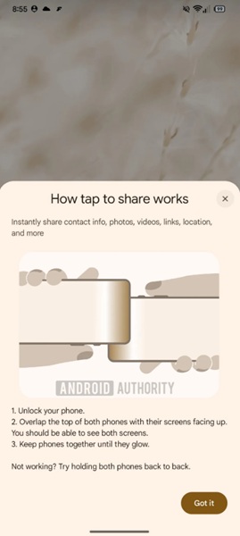 An alleged illustration of Android's "Tap to Share," which shows two phones overlapping to share contact details.