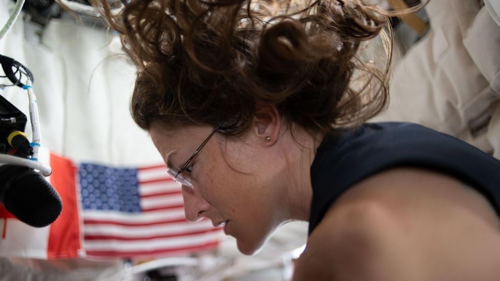 (April 4, 2026) - NASA astronaut and Artemis II mission specialist Christina Koch, seen here on the fourth day of the mission, prepping for lunar flyby activities after completing aerobic exercise on the flywheel device. Credit: NASA