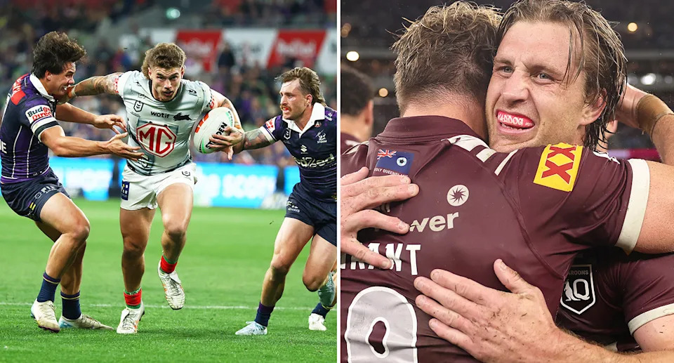 Fresh questions have been raised about Cameron Munster's (R) Origin spot at the Maroons after another underwhelming display in the Storm's record loss to Souths (L). Pic: Getty 