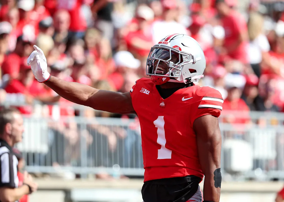 Sep 6, 2025; Columbus, Ohio, USA; Ohio State Buckeyes cornerback Davison Igbinosun (1) celebrates his pass break up during the second quarter against the Grambling State Tigers at Ohio Stadium. Mandatory Credit: Joseph Maiorana-Imagn Images
