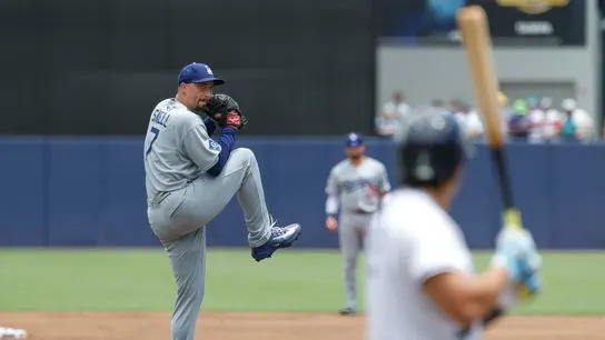 Blake Snell #7 of the Los Angeles Dodgers pitches against the Tampa Bay Rays at George M. Steinbrenner Field on August 02, 2025 in Tampa, Florida.