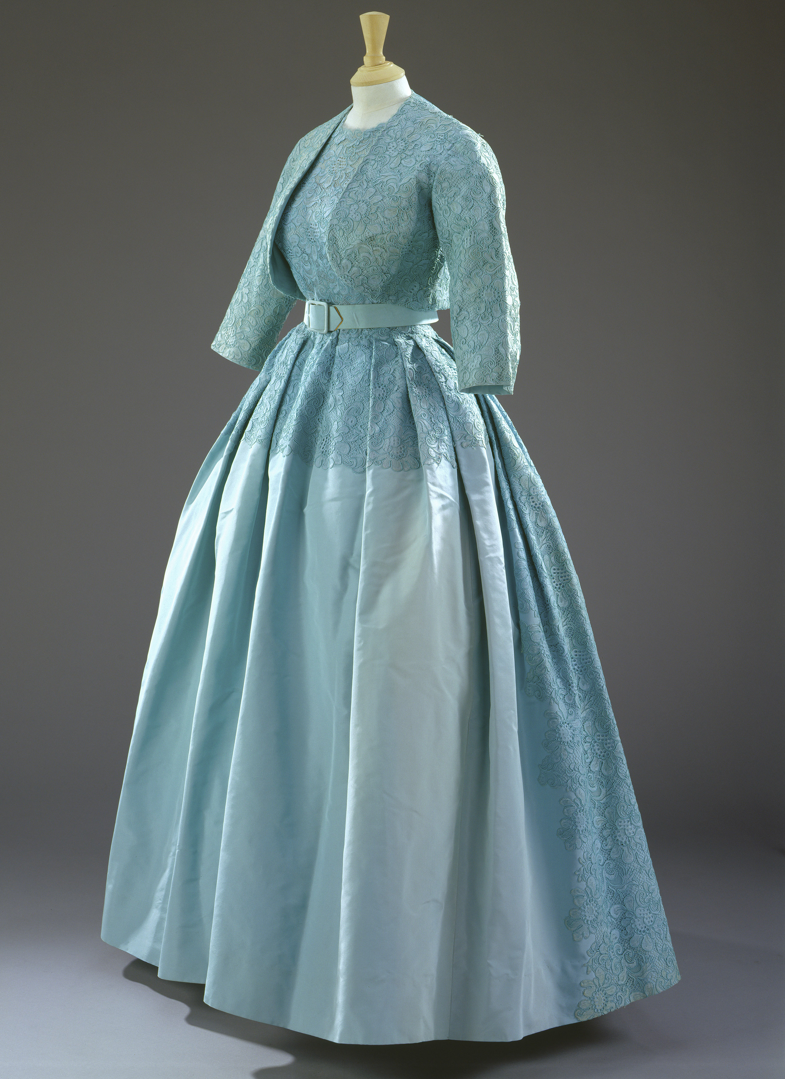 Aqua blue dress with a belt and bolero jacket