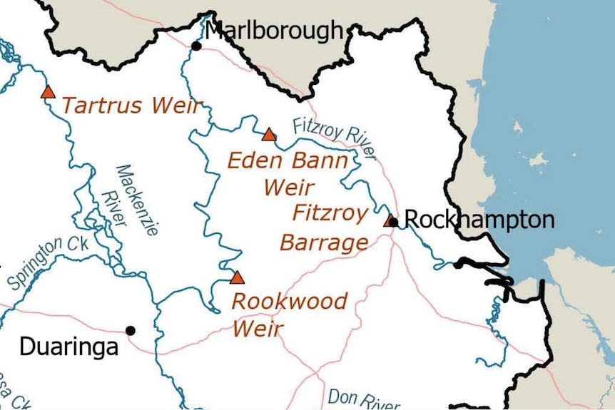 A map of the Fitzroy Basin showing where the barrage and weirs are