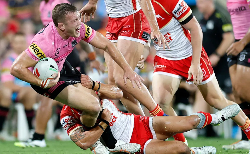 Mitch Kenny, pictured here being injured in a tackle from Kodi Nikorima.