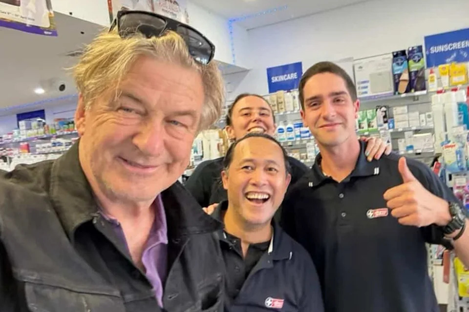 Alec Baldwin surprised workers at Malouf Manly Pharmacy in Sydney. Source: Malouf Manly Pharmacy