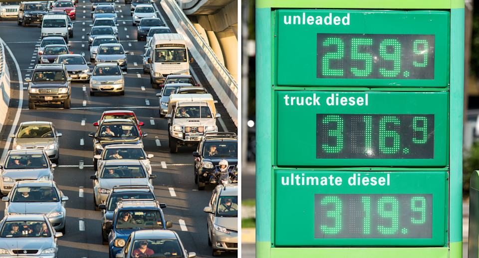 Left: Cars an a congested highway. Right: Petrol prices on a BP price board.