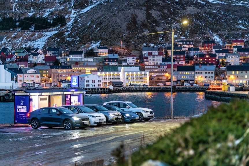 Five electric vehicles parked on a snowy fjord waterfront.