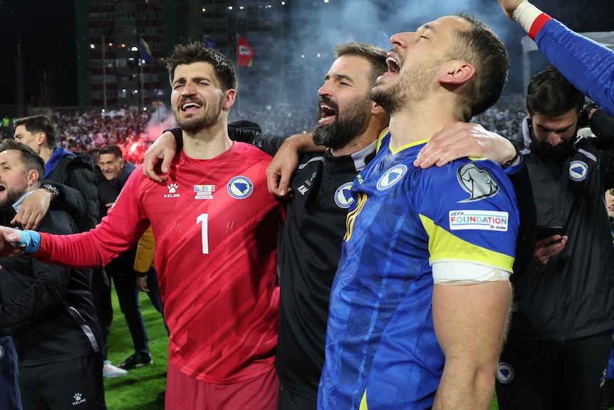Bosnia and Herzegovina celebrate defeating Italy on penalties in their World Cup qualifier.