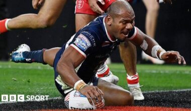 Maika Sivo touches down for one of his four tries for Leeds Rhinos in their 56-8 Super League win over Hull KR at the Allegiant Stadium in Las Vegas.