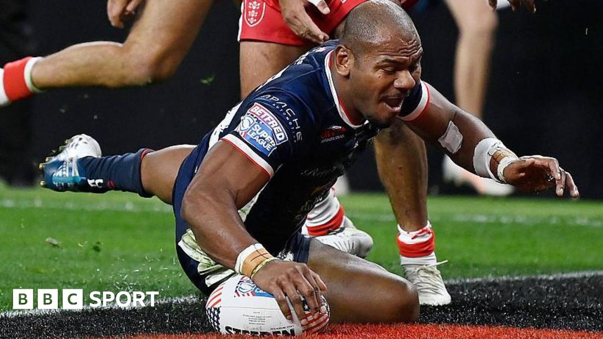 Maika Sivo touches down for one of his four tries for Leeds Rhinos in their 56-8 Super League win over Hull KR at the Allegiant Stadium in Las Vegas.