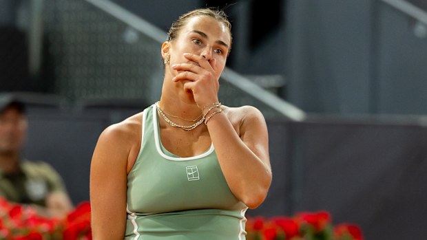 Aryna Sabalenka reacts after losing a point against Hailey Baptiste of the United States during the Women's Singles Quarterfinals match on Day Nine of the Mutua Madrid Open at La Caja Magica on April 28, 2026 in Madrid, Spain. (Photo by Victor Boykoyan/Getty Images)
