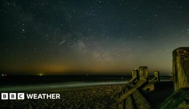 night sky image from a beach overlooking the sea.  Lots of bright white spots in the sky and one streak of light showing a meteor streak