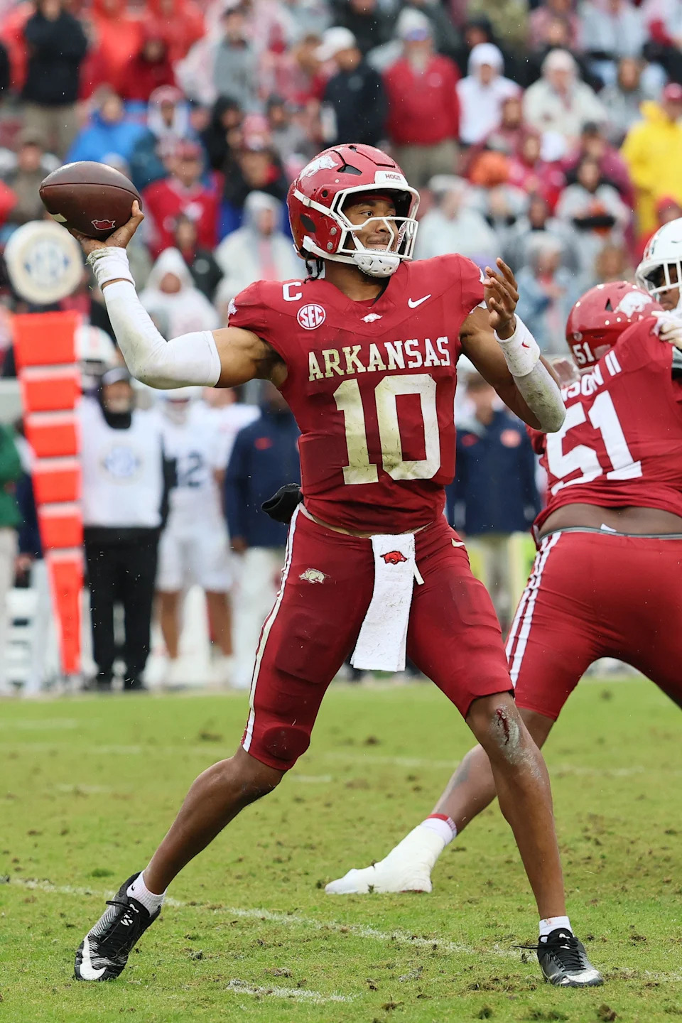 Oct 25, 2025; Fayetteville, Arkansas, USA; Arkansas Razorbacks quarterback Taylen Green (10) passes during the third quarter against the Auburn Tigers at Donald W. Reynolds Razorback Stadium. Auburn won 33-24. Mandatory Credit: Nelson Chenault-Imagn Images