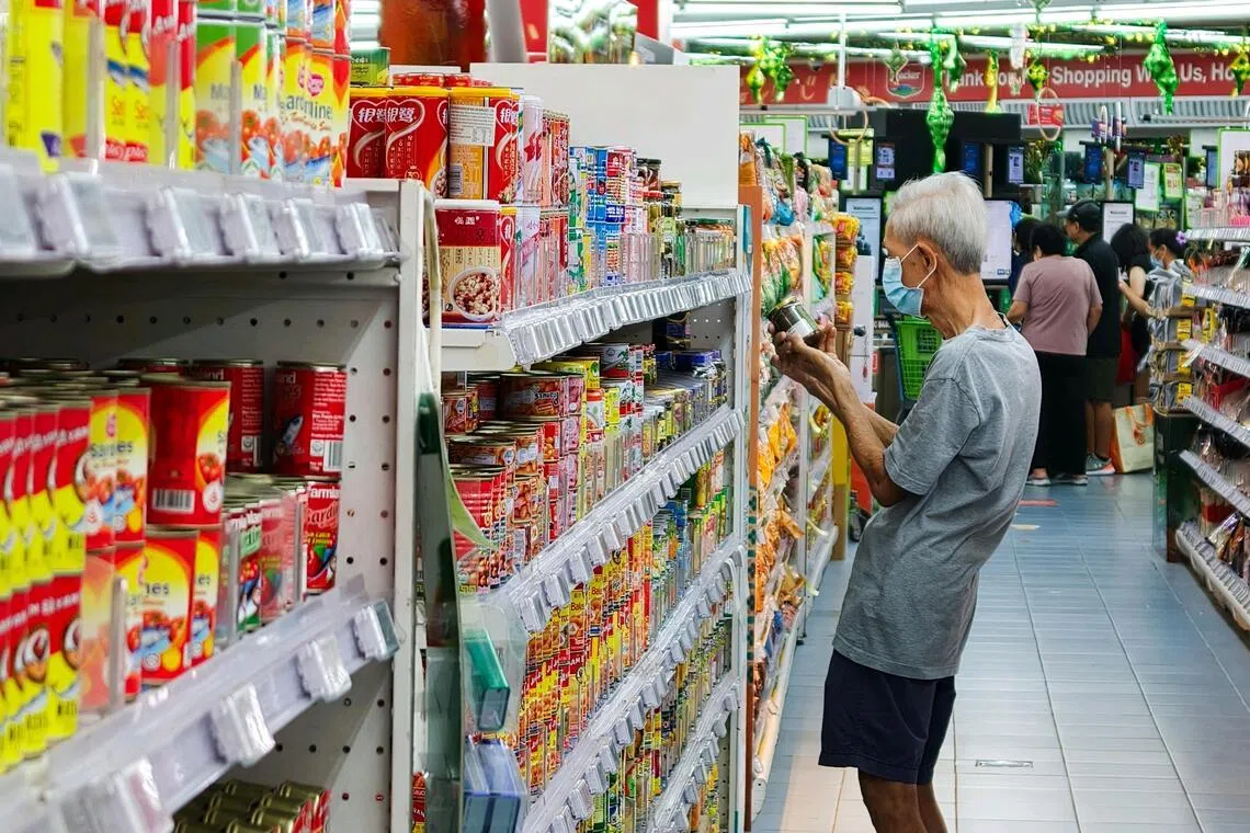 Generic of shoppers at the Sheng Siong supermarket outlet at West Coast on April 6, 2026. Can be used for stories on inflation, cost of living, daily necessities, food prices, economy.