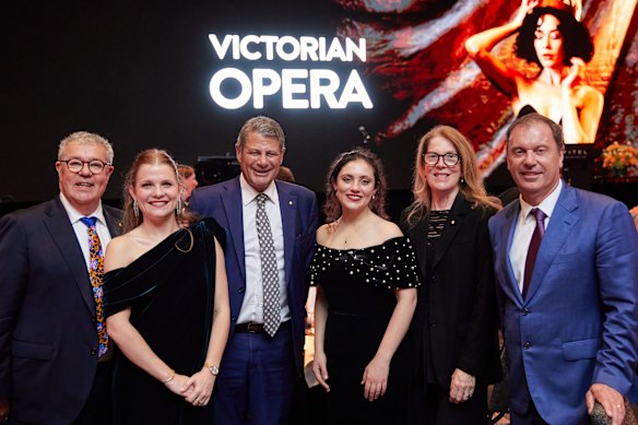 Victorian Opera’s artistic director Stuart Maunder, Rachael Joyce, former premier Steve Bracks, Alessia Pintabona, Victorian Opera chair Genevieve Overell and Minister for Creative Industries Colin Brooks at the Victorian Opera’s 21st anniversary gala.