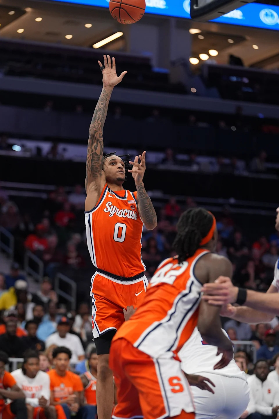 Mar 10, 2026; Charlotte, NC, USA; Syracuse Orange forward Sadiq White Jr. (0) shoots against the Southern Methodist University Mustangs during the second half at Spectrum Center. Mandatory Credit: Jim Dedmon-Imagn Images
