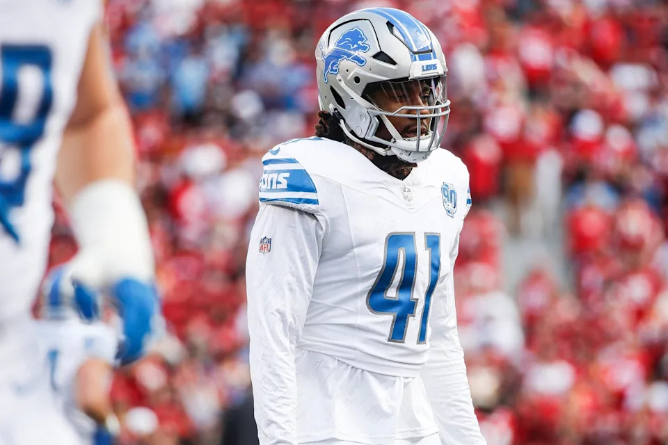 Lions linebacker James Houston looks on during warmups before the NFC championship game at Levi's Stadium in Santa Clara, California, on Sunday, Jan. 28, 2024.