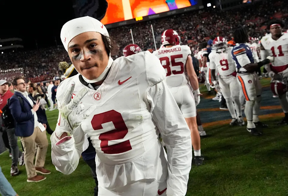 Nov 29, 2025; Auburn, Alabama, USA; Alabama defensive back Zabien Brown (2) celebrates after the Crimson Tide defeated Auburn at Jordan-Hare Stadium. Mandatory Credit: Gary Cosby Jr.-Tuscaloosa News