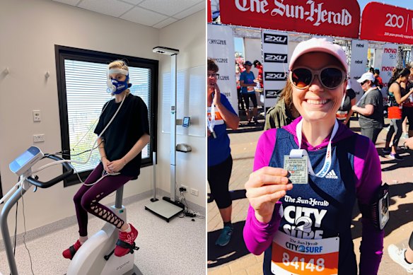 Pendrick in 2024 at Royal Prince Alfred Hospital as part of a Heart Research Institute study into exercise and congenital heart disease, and after completing the City2Surf in 2017.