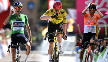 Giulio Pellizzari, Jonas Vingegaard and Egan Bernal all celebrate over the line after winning races in 2026