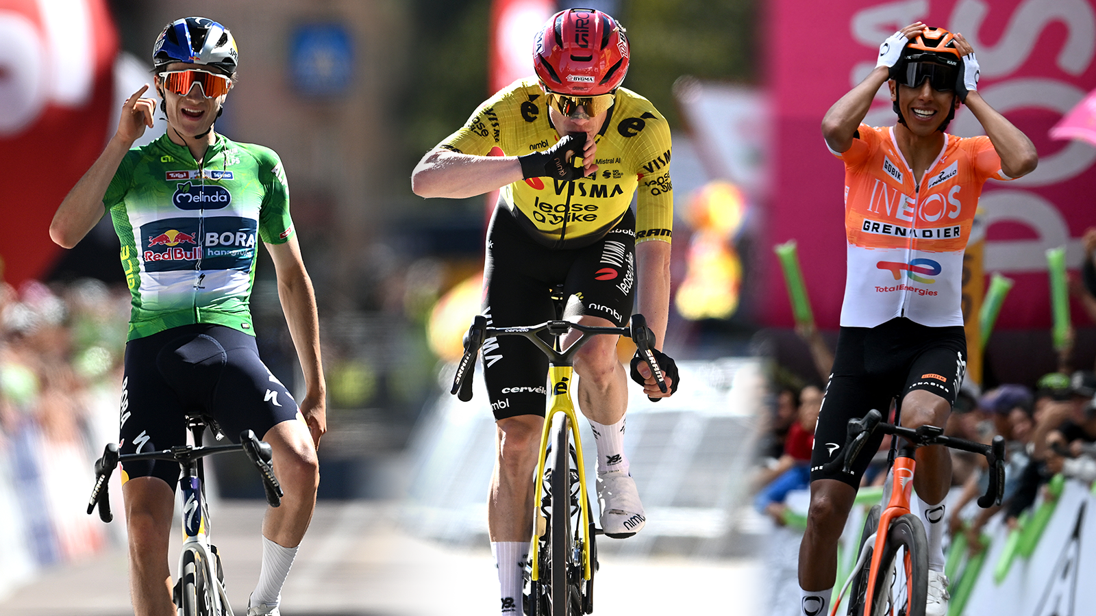 Giulio Pellizzari, Jonas Vingegaard and Egan Bernal all celebrate over the line after winning races in 2026