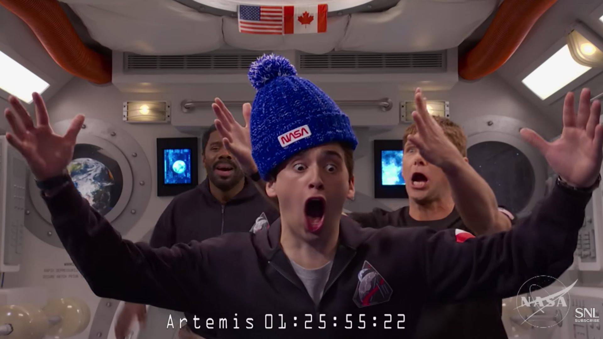 three actors playing astronauts in a comedy skit