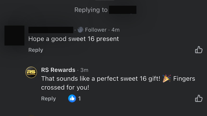 A screenshot of "RS Rewards" congratulating a user on a "sweet 16 present".