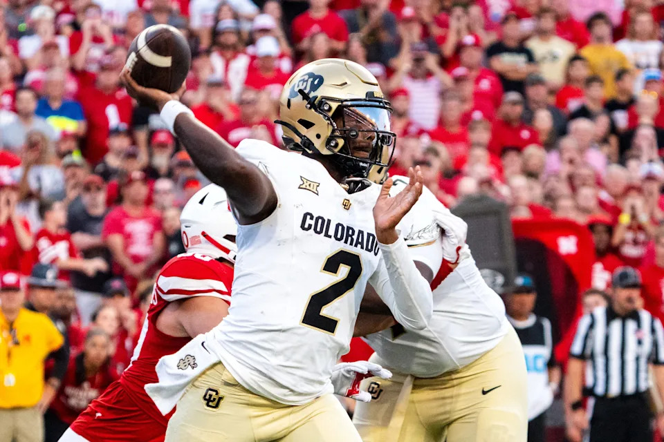 Sep 7, 2024; Lincoln, Nebraska, USA; Colorado Buffaloes quarterback Shedeur Sanders (2) passes against the Nebraska Cornhuskers during the second quarter at Memorial Stadium. Mandatory Credit: Dylan Widger-Imagn Images