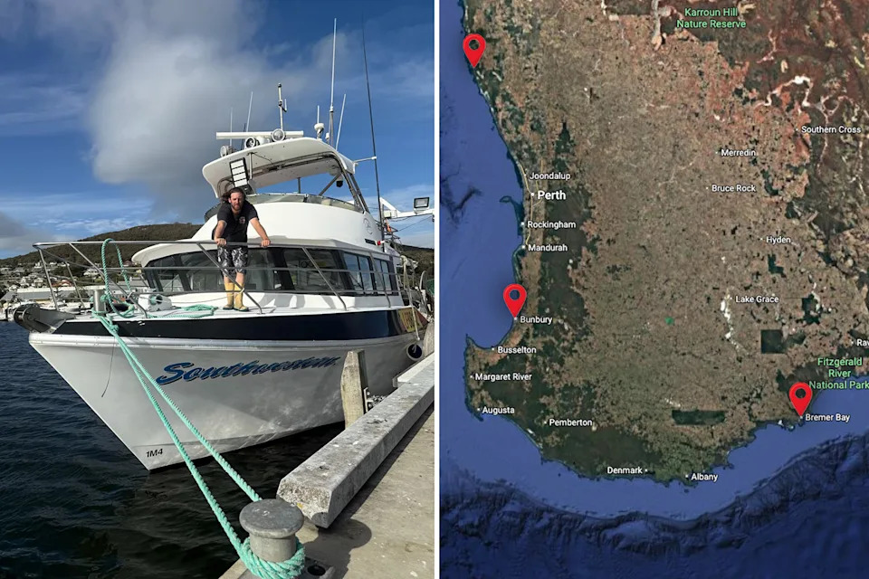 Left: Jason Scimone stands on the bow of his fishing boat. Right: A map with location markers at Bremer Bay on the south coast, Bunbury in the west and Cervantes to the north of Perth
