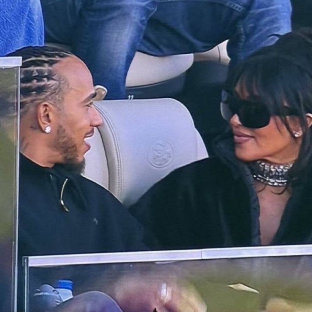 Kim Kardashian and Lewis Hamilton at Levi's Stadium for Super Bowl LX