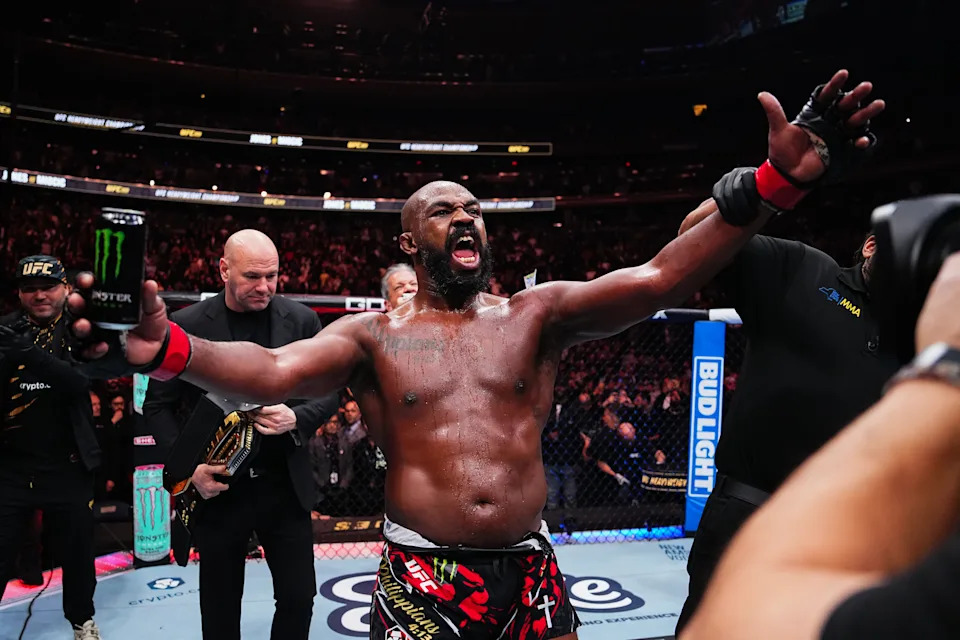 NEW YORK, NEW YORK - NOVEMBER 16: Jon Jones of the United States of America reacts after his TKO victory against Stipe Miocic of the United States of America in the UFC heavyweight championship fight during the UFC 309 event at Madison Square Garden on November 16, 2024 in New York City. (Photo by Jeff Bottari/Zuffa LLC)