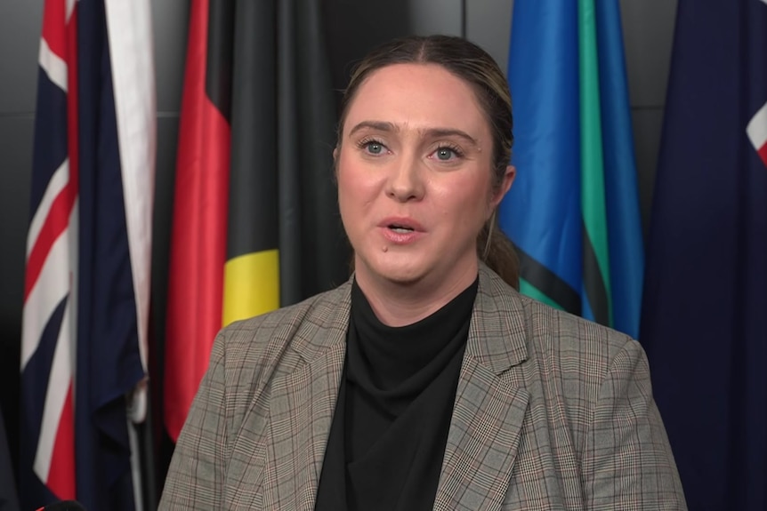 South Australian Emergency Services Minister Rhiannon Pearce at a media conference.