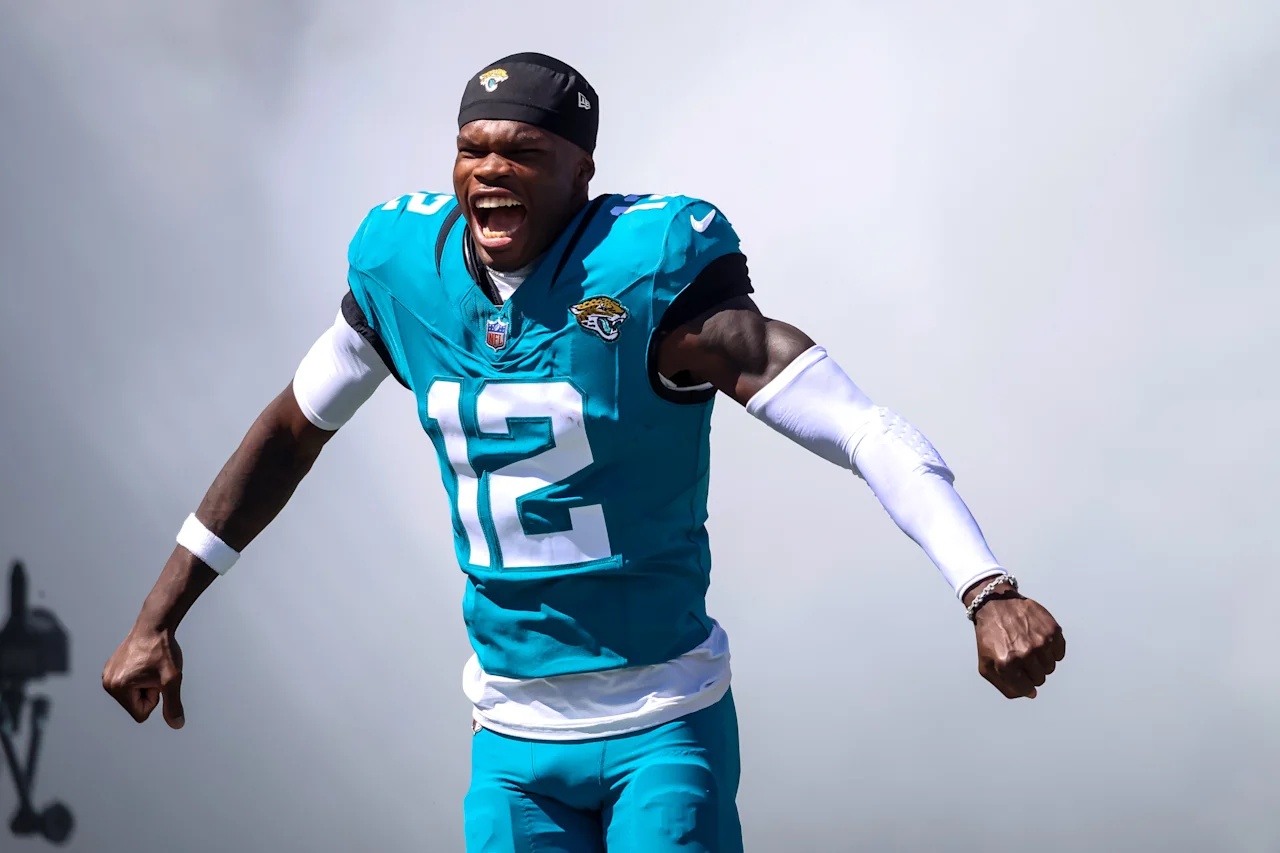 Travis Hunter #12 of the Jacksonville Jaguars is introduced prior to the game against the Seattle Seahawks at EverBank Field on October 12, 2025 in Jacksonville, Florida. (Photo by Mike Carlson/Getty Images)