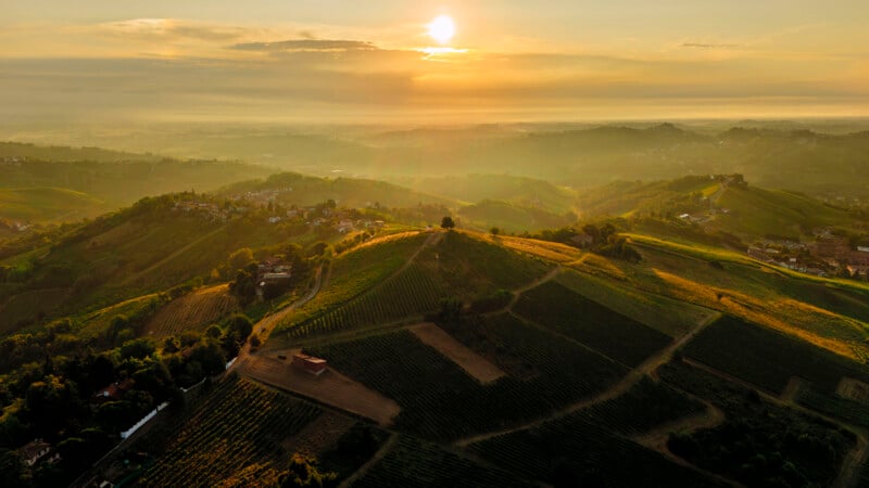 Aerial view of rolling green hills and vineyards at sunset, with golden sunlight illuminating the landscape and small clusters of buildings scattered throughout.