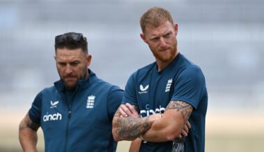 RANCHI, INDIA - FEBRUARY 21: England captain Ben Stokes speaks with coach Brendon McCullum during a nets session at JSCA International Stadium Complex on February 21, 2024 in Ranchi, India. (Photo by Gareth Copley/Getty Images)