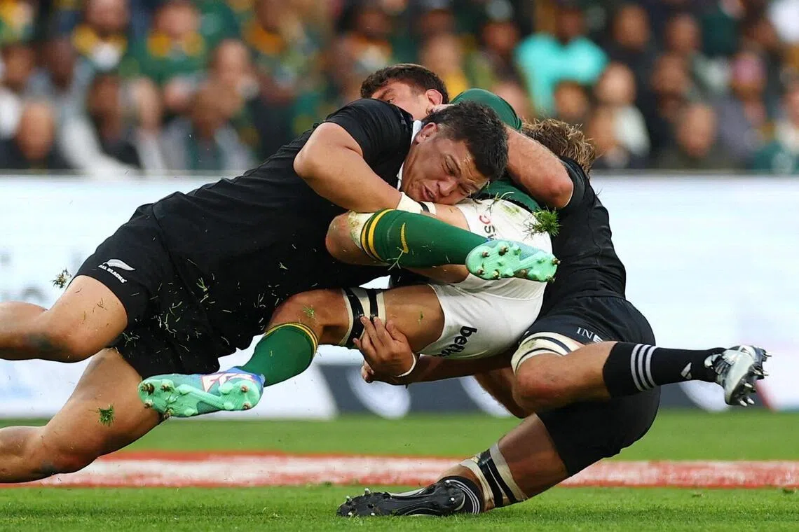New Zealand's Tamaiti Williams in action during a Rugby Championship Test against  South Africa at Ellis Park in Johannesburg on August 31, 2024. Back-to-back world champions the Springboks have supplanted the All Blacks as the sport's standard bearers.