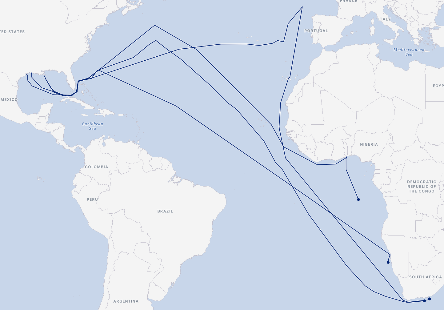 A map shows shipping route lines headed from the US towards Europe, then abruptly turning south