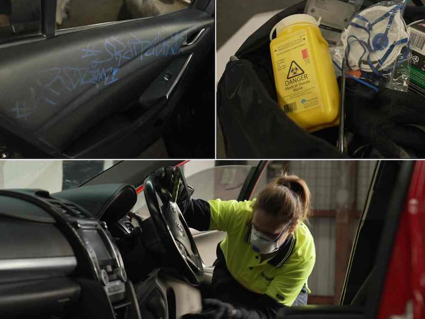 A collage of three photos showing blue writing on the inside of a car door, a person looking inside a car and product and a mask