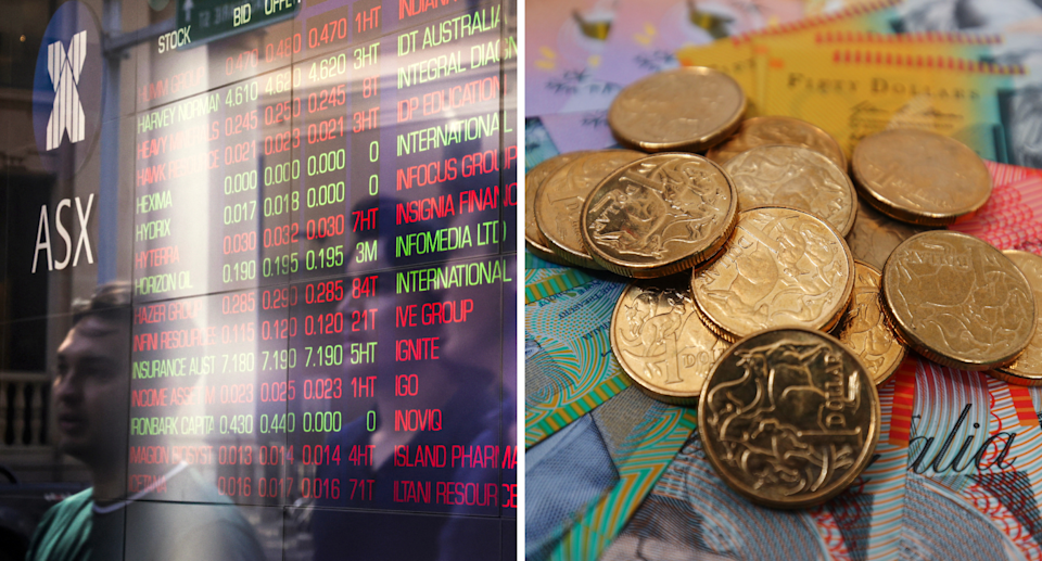Australian share market board and Australian cash.